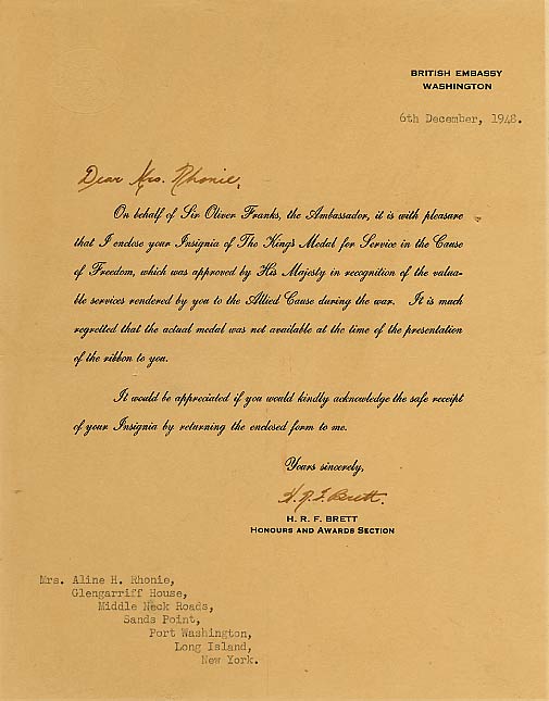 British Award of the Insignia of the King's Medal, December 6, 1948 (Source: Hofheimer Family)